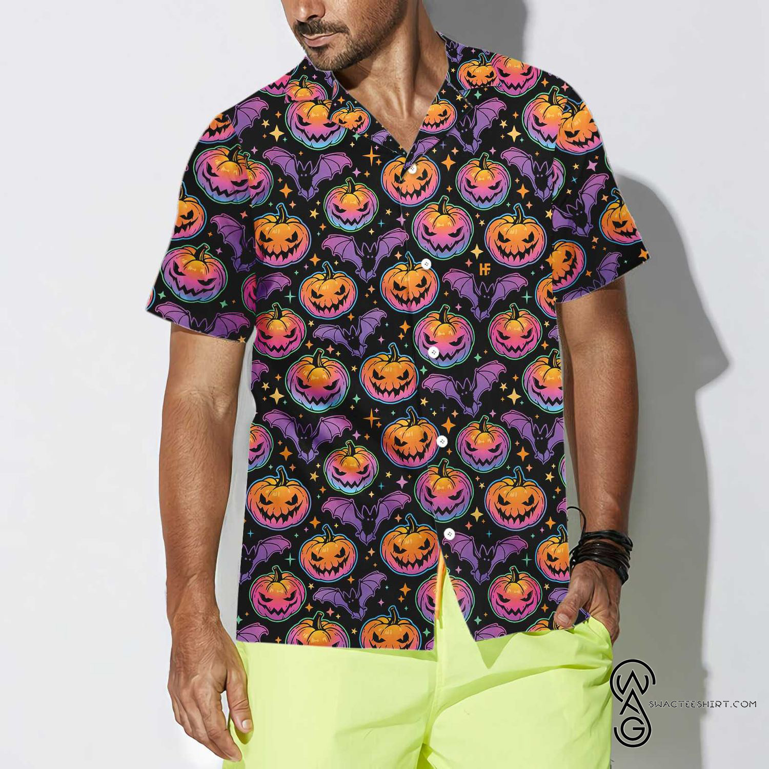 [Top Trending] Pumpkin Bat Halloween Full Printing Hawaiian Shirt Funny Hawaiian Beach Gift Casual Shirt